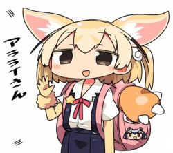Rule 34 | 10s, 1girl, animal ears, backpack, bag, blonde hair, brown eyes, character pin, common raccoon (kemono friends), cosplay, fennec (kemono friends), hachikuji mayoi, hachikuji mayoi (cosplay), kanikama, kemono friends, lowres, monogatari (series), solo, translated, white background