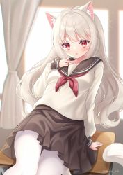 Rule 34 | 1girl, animal ear fluff, animal ears, black sailor collar, black skirt, blush, breasts, cat ears, cat girl, cat tail, commentary request, curtains, desk, feet out of frame, grey hair, hand up, highres, indoors, long hair, long sleeves, looking at viewer, mirai (happy-floral), neckerchief, on desk, original, pantyhose, parted lips, pleated skirt, red eyes, red neckerchief, sailor collar, school desk, school uniform, serafuku, shirt, skirt, sleeves past wrists, small breasts, solo, tail, twitter username, very long hair, white pantyhose, white shirt, window