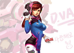 Rule 34 | 1girl, artist name, bad id, bad pixiv id, bodysuit, breasts, brown eyes, brown hair, character name, charm (object), clothes writing, covered navel, cowboy shot, d.va (overwatch), facepaint, facial mark, freezing (qq774517855), gloves, gun, handgun, headphones, highres, holding, holding gun, holding weapon, korean text, light smile, lips, long hair, looking to the side, mecha, medium breasts, meka (overwatch), nose, overwatch, overwatch 1, pilot suit, pistol, robot, sideways glance, signature, skin tight, solo, swept bangs, weapon, whisker markings, white background, white gloves