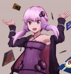Rule 34 | 1girl, :d, black jacket, brown background, card, commentary, creatures (company), dress, flat chest, game freak, hair ornament, highres, jacket, long sleeves, looking at viewer, magic: the gathering, nintendo, open mouth, pink hair, playing card, pokemon, pokemon tcg, purple dress, purple eyes, short hair with long locks, sidelocks, simple background, smile, solo, strapless, strapless dress, upper body, vocaloid, voiceroid, yan pai, yu-gi-oh!, yuzuki yukari