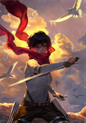 Rule 34 | 1girl, bird, black hair, breasts, cloud, cloudy sky, enzo fernandez, facial scar, flying, highres, holding, holding sword, holding weapon, leather, looking at viewer, mikasa ackerman, aged up, pigeon, red scarf, scar, scar on cheek, scar on face, scarf, shingeki no kyojin, shirt, sky, solo, sword, three-dimensional maneuver gear, weapon, white shirt, wind