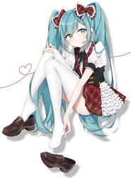 Rule 34 | 1girl, :t, absurdres, blue eyes, blue hair, blush, bow, brooch, commentary, drawing kanon, frilled bow, frilled skirt, frills, hair bow, hand on own foot, hatsune miku, headset, highres, jewelry, knees together feet apart, loafers, long hair, looking to the side, nail polish, neck ribbon, plaid, plaid bow, puffy short sleeves, puffy sleeves, ribbon, shoe dangle, shoes, short sleeves, skirt, sleeve cuffs, solo, thighhighs, twintails, unworn shoe, unworn shoes, very long hair, vest, vocaloid