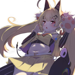 Rule 34 | 1girl, absurdres, ahoge, animal ears, animal hands, azur lane, belt, black panties, blonde hair, blush, breasts, cat ears, cat paws, elbow gloves, eldridge (azur lane), eldridge (kitty idol) (azur lane), fake animal ears, fortissimo, fur collar, gloves, hair ornament, highleg, highleg panties, highres, isobe eiji, looking at viewer, midriff, miniskirt, musical note, musical note hair ornament, navel, panties, pleated skirt, red eyes, simple background, skirt, small breasts, solo, standing, thong, twintails, underwear, vest, white background, yellow skirt