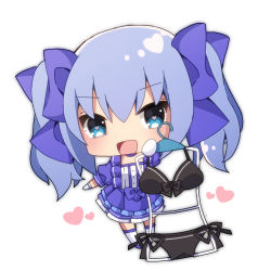 Rule 34 | :d, absurdres, big head, bikini, black bikini, blue bow, blue dress, blue eyes, blue footwear, blue hair, blush, bow, bow bikini, chibi, clothes hanger, dress, frilled dress, frills, full body, gloves, hair between eyes, hair bow, heart, heart-shaped pupils, highres, holding, nijisanji, open mouth, pleated dress, puffy short sleeves, puffy sleeves, sapphire (sapphire25252), short sleeves, side-tie bikini bottom, simple background, smile, solo, swimsuit, symbol-shaped pupils, thighhighs, twintails, v-shaped eyebrows, virtual youtuber, white background, white gloves, white thighhighs, yuuki chihiro, yuuki chihiro (1st costume)