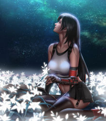 Rule 34 | 1girl, arm guards, black hair, black skirt, black thighhighs, crop top, earrings, final fantasy, final fantasy vii, final fantasy vii remake, flower, glowing, highres, jewelry, liang xing, long hair, navel, night, photoshop (medium), pleated skirt, skirt, sky, solo, square enix, star (sky), starry sky, suspender skirt, suspenders, tank top, thighhighs, tifa lockhart, white tank top