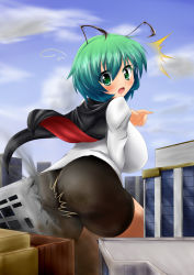 Rule 34 | 1girl, ^^^, alternate breast size, antennae, ass, breasts, building, cape, dautsen, destruction, female focus, giant, giantess, green eyes, green hair, highres, huge breasts, impossible clothes, impossible shirt, matching hair/eyes, open mouth, shirt, solo, surprised, touhou, wriggle nightbug