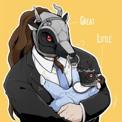 Rule 34 | 10s, 1boy, baby, bad id, bad twitter id, beard, bib, brown hair, cow mask, danganronpa (series), danganronpa 3 (anime), dual persona, english text, facial hair, formal, great gozu, if they mated, long hair, male focus, mask, muscular, onesie, shimada (dmisx), simple background, suit, time paradox, upper body, wrestling mask, yellow background, aged down