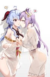 Rule 34 | 2girls, absurdres, ahoge, alternate costume, blue hair, blush, breasts, choker, cleavage, cone hair bun, double bun, earrings, ganyu (genshin impact), genshin impact, gong cha, hair bun, hair ornament, hairpin, highres, horns, jewelry, keqing (genshin impact), large breasts, long hair, multiple girls, open mouth, purple choker, purple hair, see-through, simple background, spoken expression, wet, wet clothes, white background, yuri