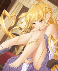Rule 34 | 10s, 1girl, ahoge, bare shoulders, barefoot, blonde hair, blurry, blush, covering own mouth, depth of field, dress, feet, full body, granblue fantasy, harvin, heart, heart hair, high heels, highres, indoors, legs, legs up, long hair, melissabelle, papino, pointy ears, prehensile hair, shoes, single shoe, sitting, solo, toes, very long hair
