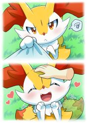 Rule 34 | :&lt;, :d, blush, border, braixen, closed eyes, closed mouth, commentary request, creatures (company), day, disembodied hand, fang, fang out, fangs, furry, game freak, gen 6 pokemon, grass, headpat, heart, highres, nanahoshi (wadorigi), nintendo, open mouth, outdoors, pokemon, shirt tug, smile, spoken squiggle, squiggle, tail, tail wagging, tongue, white border
