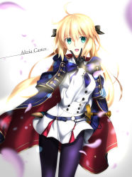 Rule 34 | 1girl, absurdres, ahoge, artoria caster (fate), artoria caster (second ascension) (fate), artoria pendragon (fate), black bow, black gloves, blonde hair, blurry, bokeh, bow, buttons, cape, character name, depth of field, double-breasted, fate/grand order, fate (series), foo (pixiv54892036), gloves, green eyes, hair between eyes, hair bow, highres, long hair, pantyhose, petals, red cape, smile, solo, sword, sword behind back, twintails, very long hair, weapon, white background