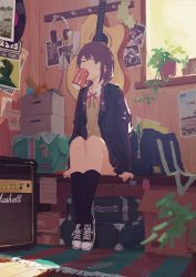 Rule 34 | 1girl, acoustic guitar, amplifier, arm support, artist name, bag, beige sweater, black footwear, black socks, blurry, blurry foreground, bow, bowtie, box, braid, brown eyes, brown jacket, can, carpet, coca-cola, commentary request, dated, day, drink can, earbuds, earphones, full body, guitar, headphones, headphones removed, highres, indoors, instrument, jacket, light particles, long hair, long sleeves, marshall, one eye closed, original, photo (object), plant, poster (object), potted plant, purple hair, record, red bow, red bowtie, school bag, school uniform, shoes, sitting, sneakers, socks, soda can, solo, suitcase, sunlight, twin braids, wooden floor, xilmo