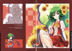 Rule 34 | 1girl, absurdres, an2a, flower, green hair, highres, huge filesize, kazami yuuka, looking at viewer, open mouth, red eyes, scan, short hair, sitting, skirt, smile, solo, sunflower, touhou, umbrella