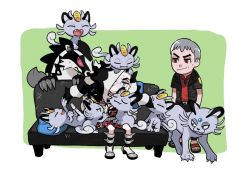 Rule 34 | 2boys, alolan form, alolan meowth, alolan persian, belt, bike shorts, black hair, black jacket, boots, closed mouth, commentary, couch, creatures (company), eyeshadow, flip-flops, game freak, gen 7 pokemon, gen 8 pokemon, green eyes, grey eyeshadow, grey hair, hair over one eye, hakinikui kutsu no mise, jacket, long hair, makeup, male focus, multicolored hair, multiple boys, nanu (pokemon), nintendo, obstagoon, on head, open clothes, open jacket, pants, piers (pokemon), pokemon, pokemon (creature), pokemon on head, pokemon sm, pokemon swsh, red eyes, red shirt, sandals, shirt, short sleeves, sitting, sweatdrop, symbol-only commentary, two-tone hair, white hair