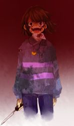 Rule 34 | :d, androgynous, bad id, bad twitter id, blood, blood on clothes, blood on face, brown eyes, brown hair, chara (undertale), collared shirt, crazy eyes, crazy laugh, dagger, dark persona, denim, dirty, dirty clothes, frisk (undertale), gender request, gradient background, heart, heart necklace, highres, holding, holding weapon, jewelry, knife, koyashaka, necklace, open mouth, possessed, shirt, smile, solo, spoilers, striped clothes, striped sweater, sweater, teeth, torn clothes, undertale, upper body, weapon