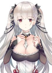 Rule 34 | 1girl, azur lane, bad id, bad pixiv id, bare shoulders, between breasts, black dress, black nails, blush, breasts, cleavage, dress, earrings, formidable (azur lane), frilled dress, frills, grey hair, hair ornament, hair ribbon, hands up, highres, jewelry, large breasts, long hair, long sleeves, looking at viewer, nail polish, open mouth, red eyes, ribbon, rigging, shibaebi (yasaip game), simple background, solo, twintails, white background