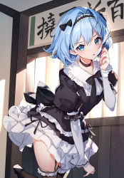 Rule 34 | 1girl, bison cangshu, black bow, black dress, black hairband, bow, collared shirt, commentary request, dress, frilled dress, frilled shirt collar, frilled thighhighs, frills, garter straps, hair bow, hairband, highres, indoors, puffy short sleeves, puffy sleeves, ryuuou no oshigoto!, shirt, shoes, short sleeves, solo, sora ginko, thighhighs, translation request, white footwear, white shirt