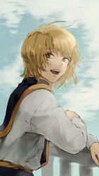 Rule 34 | 1boy, :d, blonde hair, brown eyes, cloud, cloudy sky, highres, hunter x hunter, kurapika, long sleeves, looking at viewer, looking back, male focus, open mouth, outdoors, railing, re tae44, shirt, short hair, sky, smile, solo, tabard, trap, white shirt