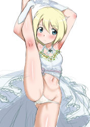 Rule 34 | 1girl, absurdres, armpit peek, arms up, bad id, bad pixiv id, blonde hair, blue eyes, blush, breasts, bride, cameltoe, closed mouth, dress, erica hartmann, gloves, groin, highres, leg up, midriff, navel, panties, shiny skin, short hair, simple background, small breasts, solo, standing, strike witches, underwear, wedding dress, white background, white gloves, white panties, world witches series