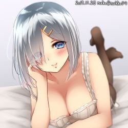 Rule 34 | 1girl, black pantyhose, blue eyes, blush, bra, breasts, cleavage, closed mouth, dated, eyes visible through hair, hair ornament, hairclip, hamakaze (kancolle), highres, kantai collection, looking at viewer, lying, medium breasts, nuka (nvkka), on stomach, one-hour drawing challenge, pantyhose, short hair, silver hair, smile, solo, underwear