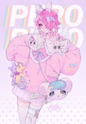 Rule 34 | 1boy, absurdres, androgynous, animal ears, animal print, bag, bandaid, bear print, blue background, bow, collarbone, cowboy shot, fake animal ears, frilled sweater, frills, green bow, hair bow, hair ornament, hair over one eye, hairclip, hands up, heart, highres, jewelry, lego, looking at viewer, male focus, mazamuno, medium hair, mongrel (mazamuno), original, panda print, parted lips, pill, pink background, pink bow, pink eyes, pink hair, pink ribbon, pink sweater, pink theme, rabbit print, revision, ribbon, short hair, shoulder bag, sleeves past fingers, sleeves past wrists, solo, stuffed animal, stuffed toy, sweater, teddy bear, thighhighs, trap, white thighhighs, yellow bow