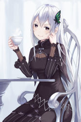 Rule 34 | 1girl, absurdres, black dress, butterfly hair ornament, chair, closed mouth, colored eyelashes, cup, dress, echidna (re:zero), hair between eyes, hair ornament, highres, holding, holding cup, long hair, long sleeves, looking at viewer, on chair, photoshop (medium), re:zero kara hajimeru isekai seikatsu, revision, sitting, smile, solo, table, teacup, tooku0, white hair