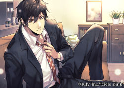 Rule 34 | 1boy, alcohol, belt, bishounen, black hair, black pants, book, bookshelf, brown hair, cabinet, company name, couch, formal, indoors, long sleeves, looking at viewer, male focus, necktie, neko miya, official art, pants, pillow, shirt, sitting, solo, suit, white shirt