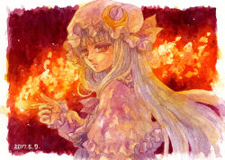 Rule 34 | 1girl, crescent, crescent hat ornament, dated, fire, frilled sleeves, frills, hat, hat ornament, long hair, long sleeves, looking at viewer, magic, mob cap, painting (medium), patchouli knowledge, purple hair, shiroma (mamiko), solo, touhou, traditional media, watercolor (medium)