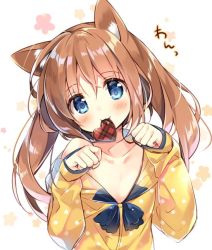 Rule 34 | animal ears, blue eyes, brown hair, commentary request, dog ears, food in mouth, head tilt, heart, long sleeves, mouth hold, off shoulder, original, pajamas, paw pose, polka dot, polka dot shirt, shirt, solo, suimya, translated, twintails, upper body, valentine, yellow shirt