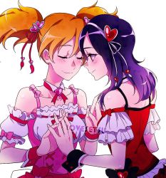 Rule 34 | 2girls, bad id, bad twitter id, blush, closed mouth, detached collar, closed eyes, fresh precure!, hair ornament, heart, heart hair ornament, higashi setsuna, interlocked fingers, looking at another, momozono love, multiple girls, negom, orange hair, precure, purple hair, red eyes, short hair, simple background, smile, twintails, white background, yuri
