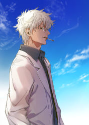 Rule 34 | 1boy, bespectacled, black shirt, blue sky, cigarette, cloud, collared shirt, day, from side, gintama, glasses, highres, lab coat, long sleeves, looking at viewer, looking to the side, male focus, mouth hold, open clothes, outdoors, parted lips, profile, red eyes, sakata gintoki, shirt, sky, smoke, smoking, solo, upper body, uraki (tetsu420), white hair