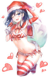 Rule 34 | 1girl, ;d, adagaki aki, arm up, armpits, asymmetrical gloves, bikini, black hair, blue eyes, blush, bow, bowtie, breasts, capelet, christmas, commentary, elbow gloves, front-tie bikini top, front-tie top, fur trim, gloves, hat, heart, highres, holding, holding sack, legs up, looking at viewer, masamune-kun no revenge, mismatched gloves, navel, one eye closed, open mouth, red bikini, red bow, red bowtie, red capelet, red gloves, red hat, red thighhighs, round teeth, sack, santa bikini, santa hat, short hair, side-tie bikini bottom, sidelocks, simple background, small breasts, smile, solo, striped bikini, striped bow, striped bowtie, striped clothes, striped neckwear, striped thighhighs, sunhyun, swimsuit, teeth, thighhighs, unmoving pattern, white background