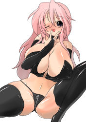 Rule 34 | 00s, 1girl, :p, bad id, bad pixiv id, black eyes, blush, breasts, crotch zipper, curvy, glasses, huge breasts, kinokoutarou, large breasts, leather, long hair, lucky star, one eye closed, pink hair, solo, takara miyuki, thighhighs, tongue, tongue out, wink, zipper