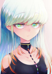 Rule 34 | 1girl, aqua hair, bare shoulders, blue hair, breasts, closed mouth, clothing cutout, cluseller, collarbone, detached collar, expressionless, female focus, gradient hair, grey background, highres, long hair, looking at viewer, multicolored eyes, multicolored hair, orange hair, original, rainbow eyes, simple background, small breasts, solo, upper body