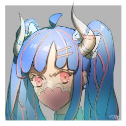 Rule 34 | 1girl, ahoge, alternate hairstyle, blue hair, covered mouth, curled horns, dinosaur girl, horn ornament, horn ribbon, horns, long hair, mask, mouth mask, multicolored hair, one piece, pink eyes, pink hair, pink mask, raine (acke2445), ribbon, solo, streaked hair, twintails, ulti (one piece)