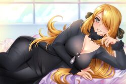 Rule 34 | 1girl, black pants, black shirt, blonde hair, blush, breasts, cleavage, closed mouth, commentary, creatures (company), cynthia (pokemon), english commentary, fur-trimmed sleeves, fur collar, fur trim, game freak, grey eyes, grin, hair ornament, hair over one eye, large breasts, long hair, long sleeves, looking at viewer, lying, nintendo, one eye covered, pants, patreon username, pixie (pixieinktvis), pokemon, pokemon dppt, shirt, sidelocks, smile, solo, twitter username