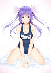 Rule 34 | 10s, 1girl, blush, breasts, cleavage, female focus, hair ribbon, i-19 (kancolle), kantai collection, large breasts, long hair, looking at viewer, mikan (chipstar182), name tag, one-piece swimsuit, open mouth, purple hair, red eyes, ribbon, school swimsuit, simple background, sitting, sleeveless, solo, swimsuit, tri tails, twintails, wariza, water, wet, white background