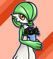 Rule 34 | 1girl, blue outline, bob cut, bouquet, closed mouth, colored skin, creatures (company), female focus, flat chest, flower, game freak, gardevoir, gen 3 pokemon, green hair, green skin, hair over one eye, hands up, happy, hexintheeevee, holding, holding bouquet, looking at viewer, multicolored skin, nintendo, one eye covered, orange flower, outline, own hands together, pink flower, pokemon, pokemon (creature), purple flower, red background, red eyes, red flower, short hair, smile, solo, standing, two-tone skin, white skin, yellow flower