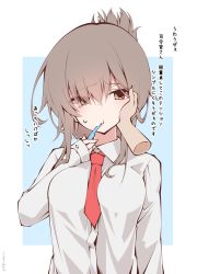 Rule 34 | 1girl, alternate breast size, between breasts, breasts, brown eyes, brown hair, brushing teeth, folded ponytail, hair between eyes, hand on another&#039;s cheek, hand on another&#039;s face, highres, kantai collection, large breasts, long sleeves, necktie, necktie between breasts, ponytail, red neckwear, sakakiba misogi, shirt, sidelocks, signature, simple background, sweat, toothbrush, two-tone background, upper body, white shirt