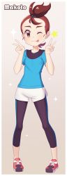 Rule 34 | 1girl, absurdres, blue shirt, blush, brown eyes, brown hair, character name, closed mouth, collarbone, creatures (company), double v, eyelashes, full body, game freak, gazing eye, hands up, highres, knees, leggings, looking at viewer, nintendo, pigeon-toed, pokemon, pokemon (anime), pokemon the movie: i choose you!, red footwear, shirt, shoes, short sleeves, shorts, side slit, side slit shorts, smile, solo, standing, star (symbol), tongue, tongue out, topknot, v, verity (pokemon), white shorts