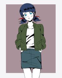 Rule 34 | 1girl, absurdres, alternate costume, aoi (ao1yui), blue eyes, blue hair, blush, border, denim, denim skirt, earrings, green jacket, hands in pockets, highres, jacket, jewelry, low twintails, marinette dupain-cheng, matching hair/eyes, miniskirt, miraculous ladybug, open clothes, open jacket, outside border, simple background, skirt, solo, twintails, white border