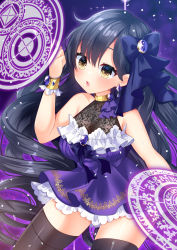 Rule 34 | 1girl, bare shoulders, black hair, black thighhighs, blue bow, bow, breasts, brown eyes, cleavage, commentary request, dress, earrings, hair between eyes, hair bow, hand up, jewelry, long hair, magic circle, medium breasts, misaki (misaki86), original, parted lips, purple dress, sleeveless, sleeveless dress, solo, thighhighs, very long hair, wrist cuffs