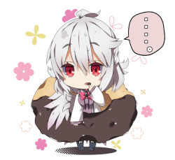Rule 34 | ..., 1girl, ahoge, black footwear, boots, bow, breasts, brooch, brown dress, chibi, chocolate doughnut, closed mouth, commentary request, doughnut, dress, feathered wings, food, food on hand, grey wings, hair between eyes, jacket, jewelry, kishin sagume, long sleeves, looking at viewer, medium breasts, milkpanda, mini person, minigirl, pink bow, red eyes, silver hair, single wing, solo, spoken ellipsis, tongue, tongue out, touhou, white jacket, wings