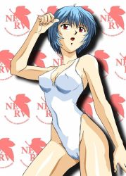 Rule 34 | 1girl, ayanami rei, blue hair, breasts, casual one-piece swimsuit, cleavage, covered erect nipples, highleg, highleg swimsuit, medium breasts, neon genesis evangelion, nerv, one-piece swimsuit, open mouth, red eyes, short hair, solo, swimsuit