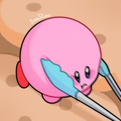 Rule 34 | colored skin, highres, kirby, kirby&#039;s dream buffet, kirby (series), motion lines, nintendo, no humans, pink skin, signature, solid oval eyes, solo, starroad, tongs