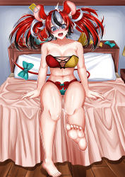 Rule 34 | 1girl, @ @, absurdres, animal ears, bed, bed sheet, belly, bra, breasts, cheese, commission, feet, female focus, food, hakos baelz, highres, hololive, hololive english, knees, mouse (animal), mouse ears, mouse girl, multicolored hair, open mouth, panties, pillow, ribbon, rynn (darknescorez), solo, tail, thighs, underwear, virtual youtuber, wavy mouth