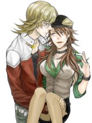 Rule 34 | 10s, 1boy, 1girl, barnaby brooks jr., blonde hair, breasts, brown eyes, brown hair, cabbie hat, carrying, collar, fangs, gender request, genderswap, glasses, green eyes, hat, jacket, jewelry, kaburagi t. kotetsu, large breasts, necklace, pantyhose, princess carry, red jacket, ring, ryution, see-through, see-through legwear, simple background, tegaki, tiger &amp; bunny, vest, waistcoat, watch, wedding band, white background, wristwatch