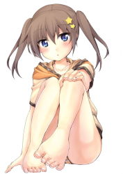 Rule 34 | 1girl, bad id, bad pixiv id, bare legs, barefoot, blue eyes, blush, brown hair, feet, hair ornament, hairclip, hand on own knee, hood, hoodie, looking at viewer, no pants, original, oruto (ort+), oruton, panties, sitting, solo, star (symbol), striped clothes, striped panties, toes, twintails, underwear
