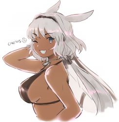 Rule 34 | 1girl, animal ears, bad id, bad pixiv id, bikini, bikini top only, blue eyes, breasts, caenis (fate), character name, commentary request, dark-skinned female, dark skin, dog tags, fate/grand order, fate (series), grin, hair intakes, hairband, jewelry, large breasts, lilirenzu, long hair, looking at viewer, necklace, one eye closed, ponytail, ponytail holder, sideboob, smile, solo, swimsuit, upper body, white background, white hair