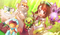 Rule 34 | 1girl, boots, brown eyes, brown footwear, brown hair, cardigan, chewtle, collared dress, commentary request, creatures (company), dress, game freak, gen 1 pokemon, gen 6 pokemon, gen 8 pokemon, gloria (pokemon), green322, green headwear, green legwear, grey cardigan, grookey, growlithe, hat, highres, hooded cardigan, lens flare, light beam, nintendo, noibat, open mouth, outdoors, perrserker, pink dress, plaid, plaid legwear, pokemon, pokemon (creature), pokemon swsh, sitting, socks, tam o&#039; shanter, teeth, tongue, yamper